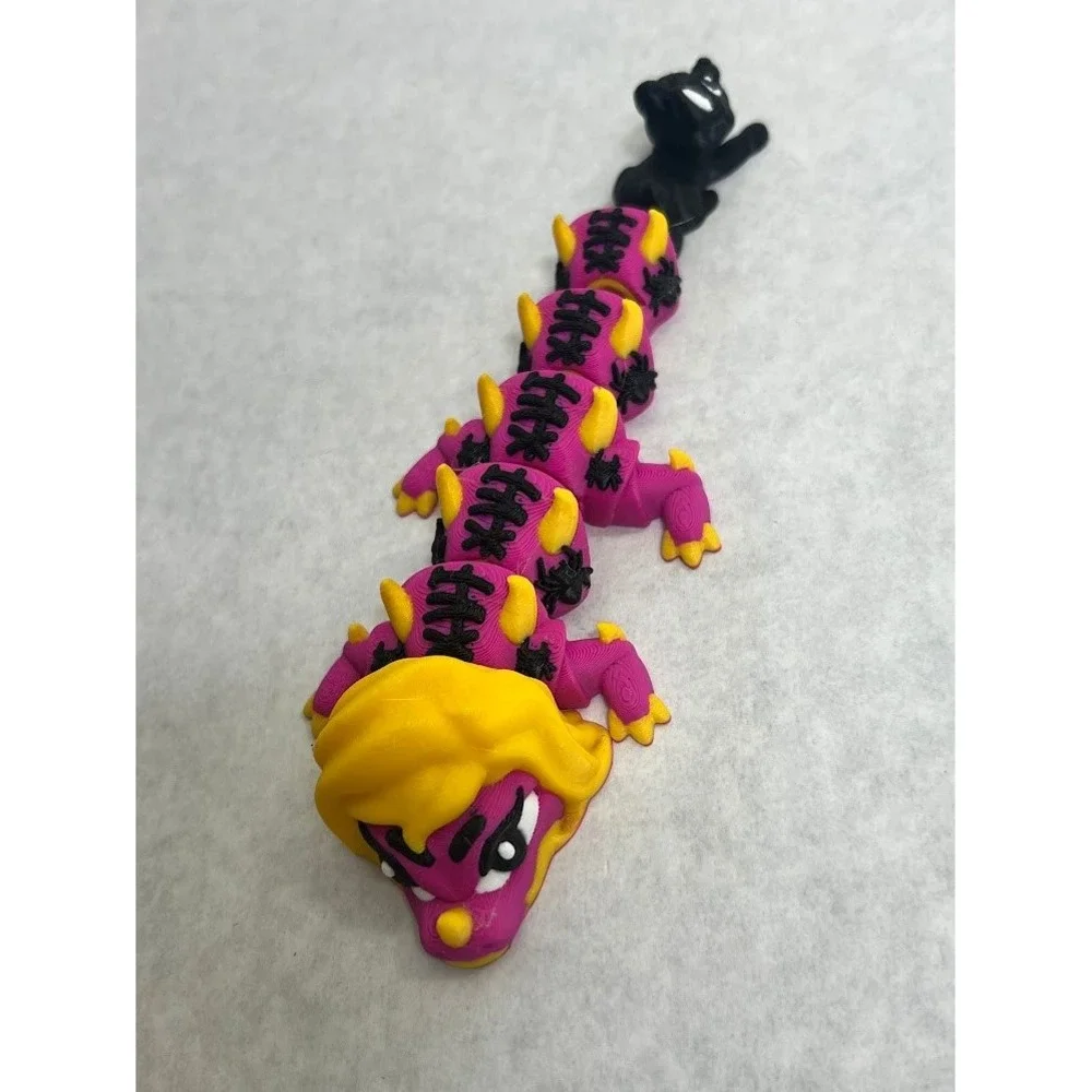 3D Printed Articulated Salem Sister Dragon Toy Magenta Yellow Black Cat Tail
